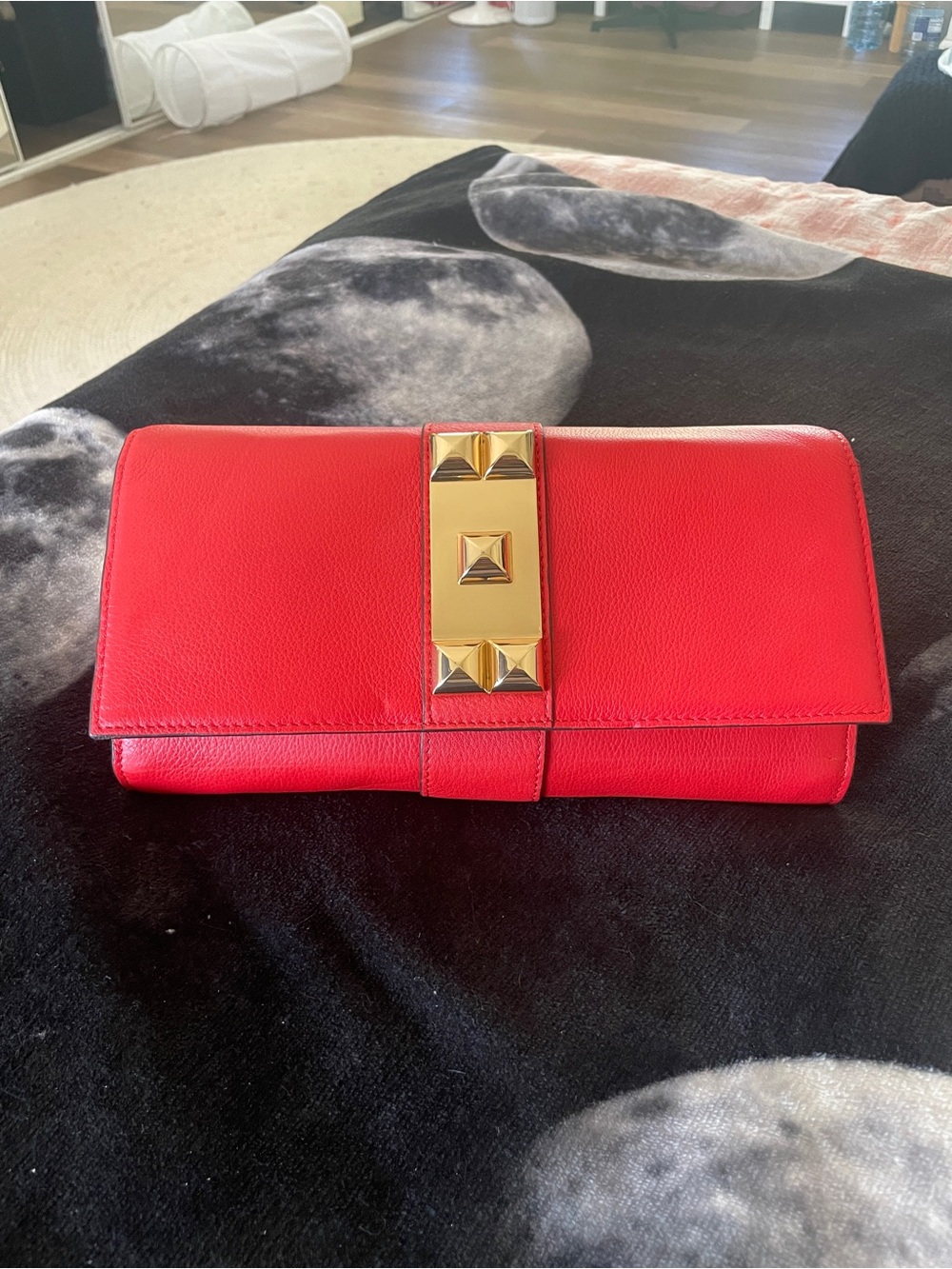 Vince Camuto Louise Clutch in Red Leather with Gold Pyramid Hardware